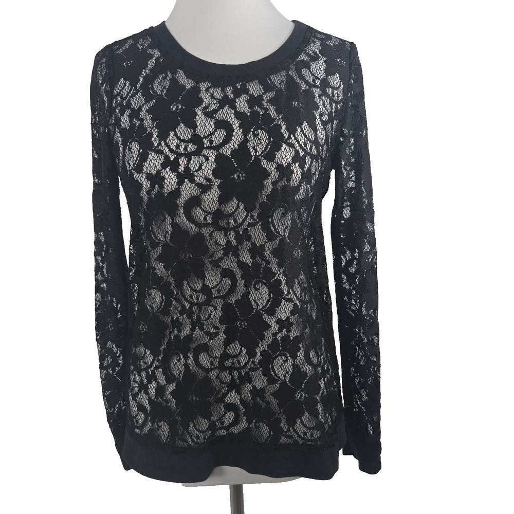 Cremieux Black All Over Lace Long‎ Sleeve Banded Crew Neck Top Shell XS